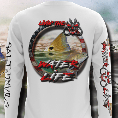 Fishing Themed Salt Devils - Livin The Water Life Red Drum Long Sleeve Performance Shirts